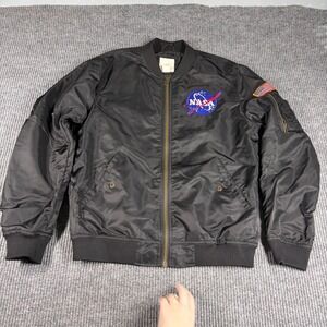 HM Jacket Mens M NASA Bomber Black Full Zip Flight Jacket L.O.G.G. Patch